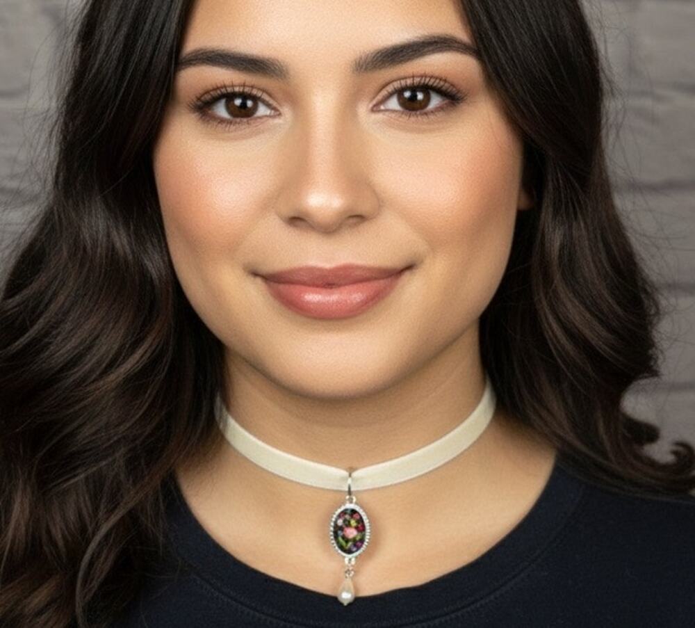 Handmade Ivory Velvet Choker with Floral Cabochon and Pearl Drop Pendant